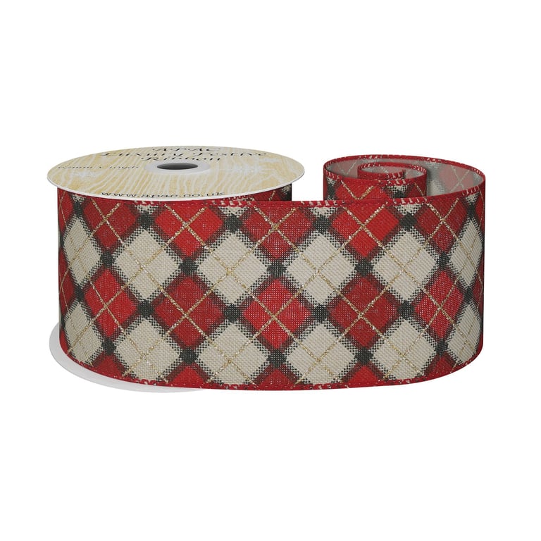 Red Gold Argyle Diamond Ribbon - 63mm Wide x 10 Yard Home Decor Ribbon