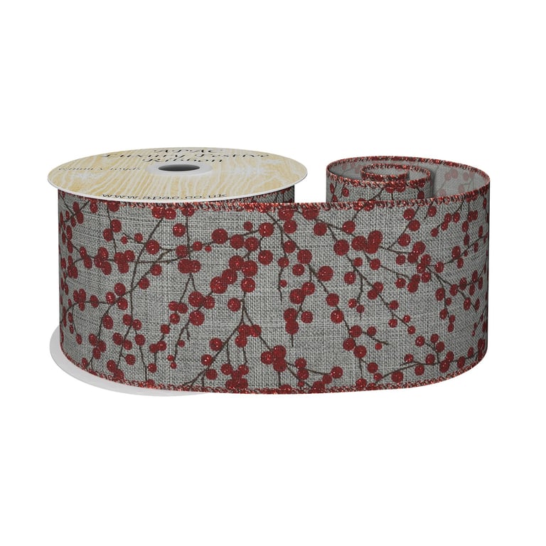 Red Glitter Berries on Grey Ribbon - Festive Home Decor Accent