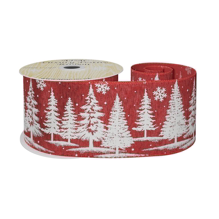 White Xmas Tree Print Red Mesh Ribbon - 10yd Home Decor Holiday Decoration Ribbon