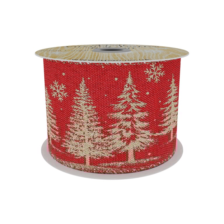 Red Mesh Ribbon with Gold Christmas Tree Print - 10yd Home Decor Ribbon