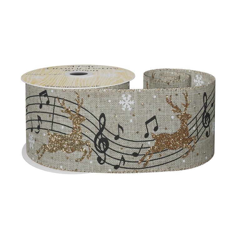 Natural Ribbon with Gold Reindeer and Musical Notes - 63mm x 10yd Home Decor Ribbon for Christmas Holiday Decoration