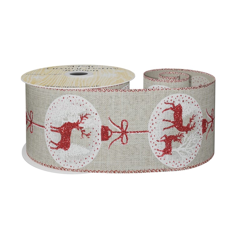 Natural Reindeer Print Ribbon - 10 Yard Red/White Holiday Decor Ribbon