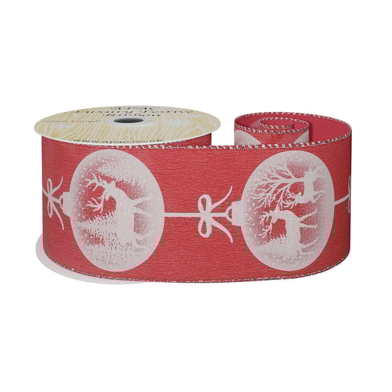 Red Satin Ribbon with Reindeer Bauble Print, 63mm x 10yd White Christmas Decor Ribbon