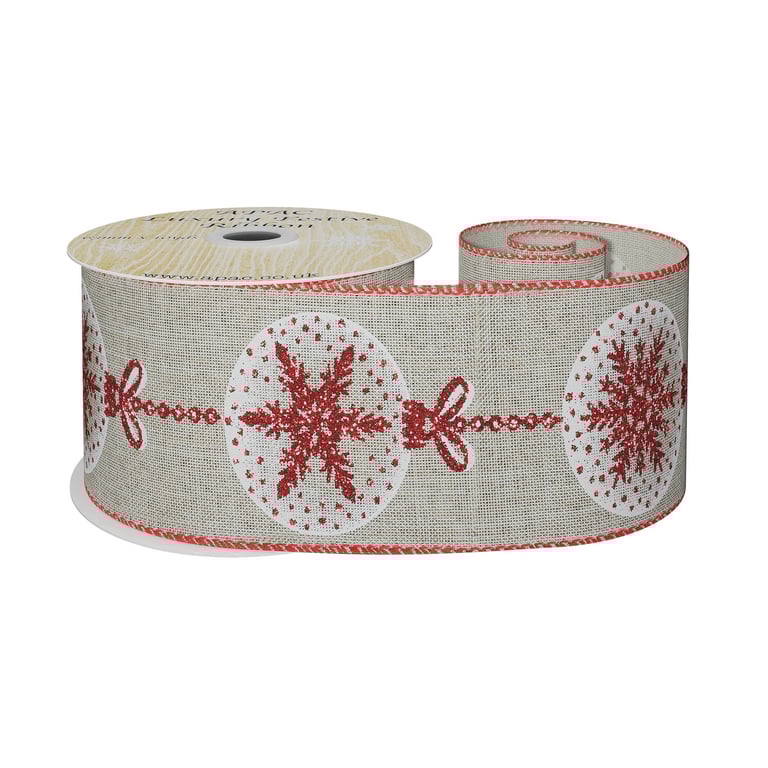 Natural Ribbon with Red Bauble Design - 10yd Craft Supply for Home Decor and Holiday Decoration