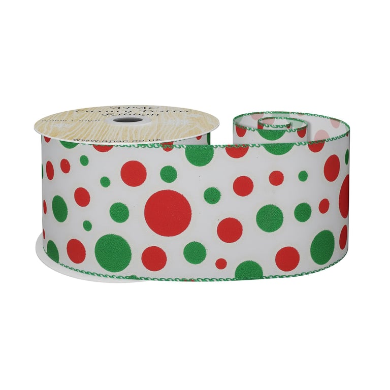 Satin Spotty Ribbon Red with Green Trim - 63mm x 9m Home Decor Craft Ribbon