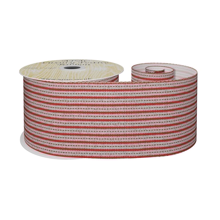Red and Natural Striped Fabric Ribbon - 63mm x 9m for Sewing, Crafting & Home Decor