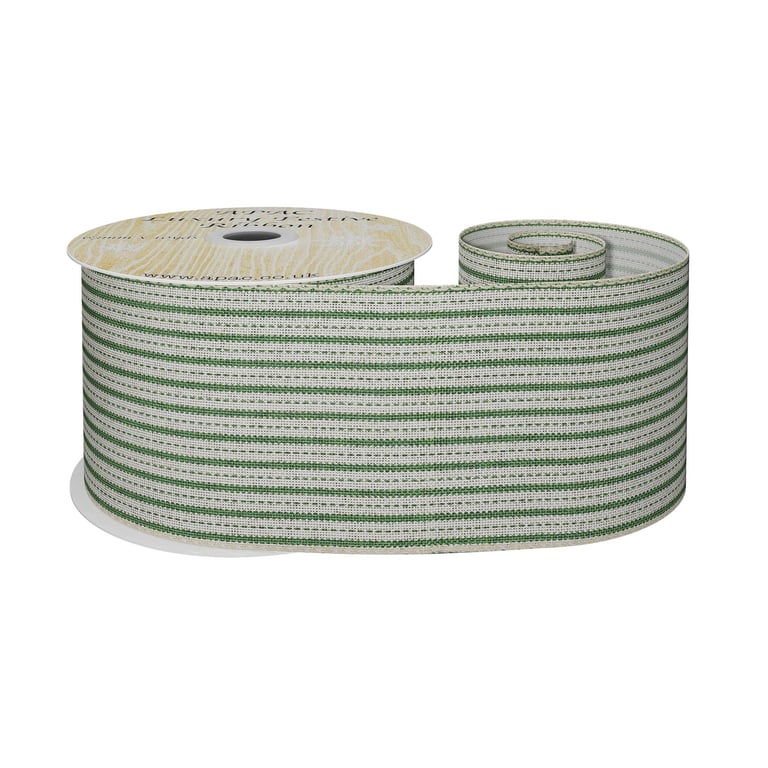 Natural Green Striped Fabric Ribbon - 63mm x 9m Home Decor Sewing Supply