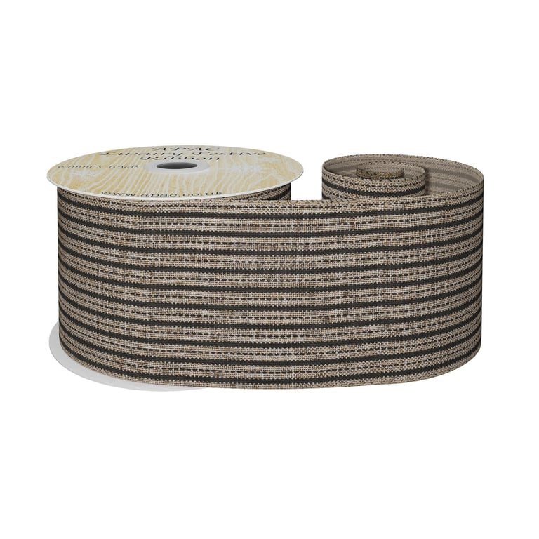 Natural Black Striped Fabric Ribbon - 63mm x 9m Home Decor Crafting Supply