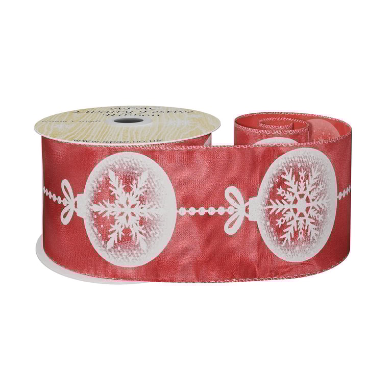 Red Satin Ribbon with Snowflake Bauble Print (9m) - Festive Home Decor Ribbon