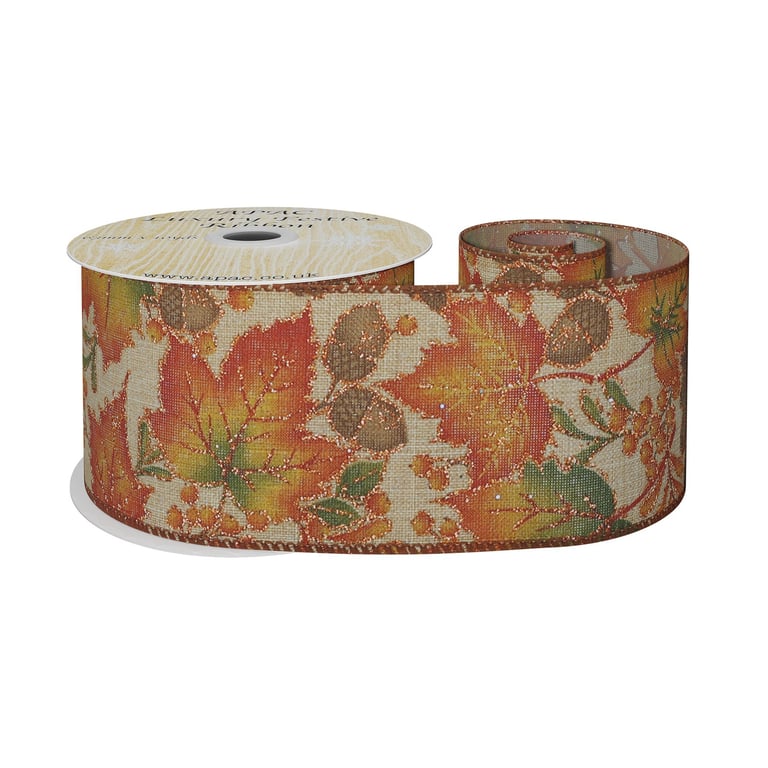 Natural Wired Autumn Leaves Ribbon - 63mm Wide, 10 Yard Long, Home Decor Accents