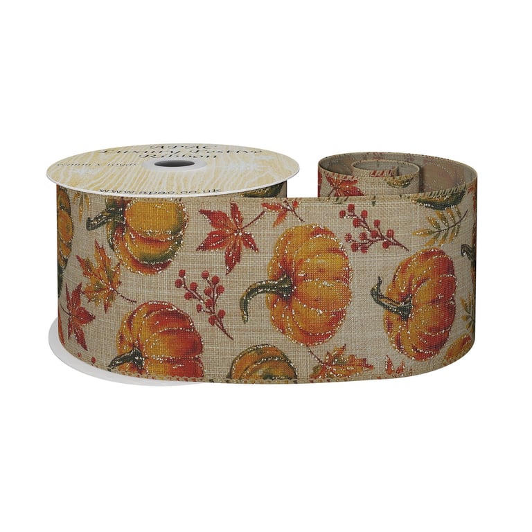 Autumn Ribbon with Pumpkins - 10 Yard Spool, Perfect for Fall Home Decor and Halloween Decoration