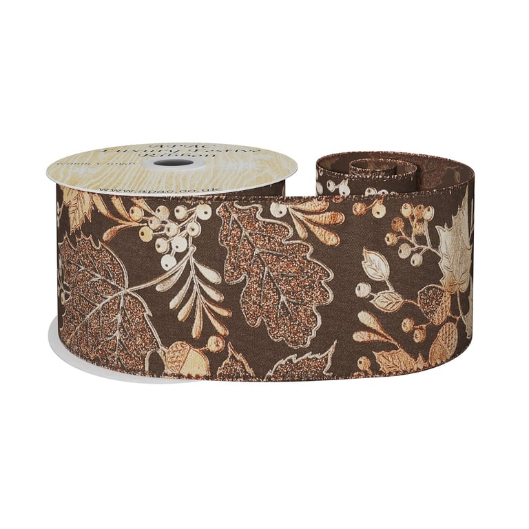 Autumn Metallic Copper Leaf Ribbon - 63mm x 10 Yards Craft Supply for Home Decor & Seasonal Decorating