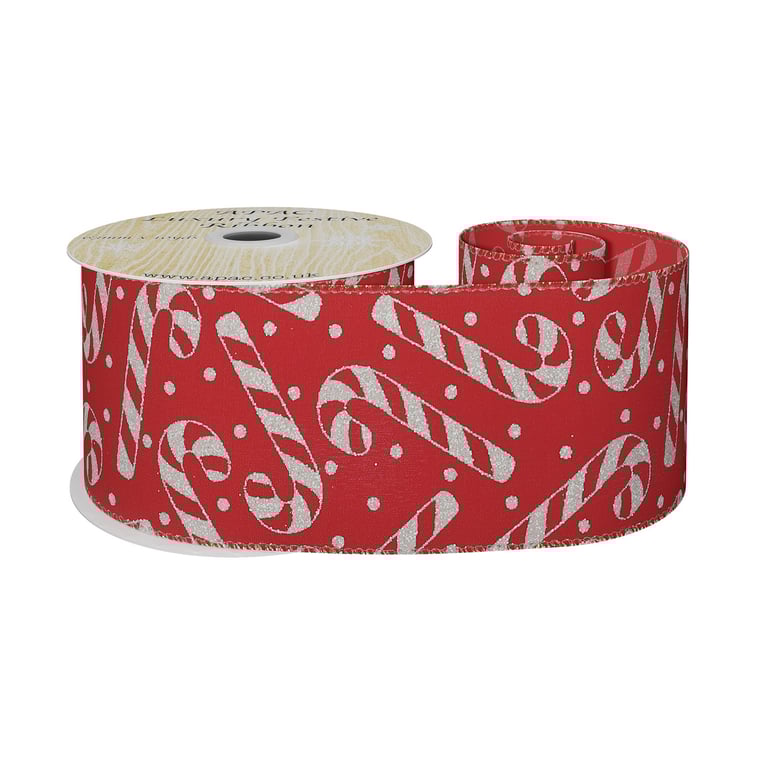 Red Wired Ribbon with Candy Cane Design - 10 Yard Holiday Crafting Supply