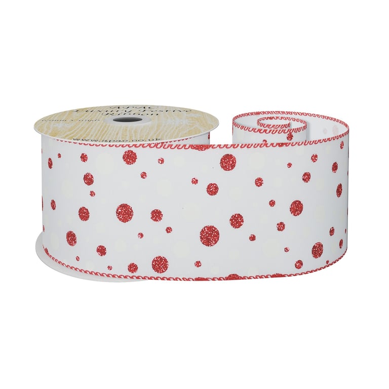 White Wired Ribbon with Red and White Dots - 10 Yards of Decorative Craft Supply for Home and Wedding Decoration