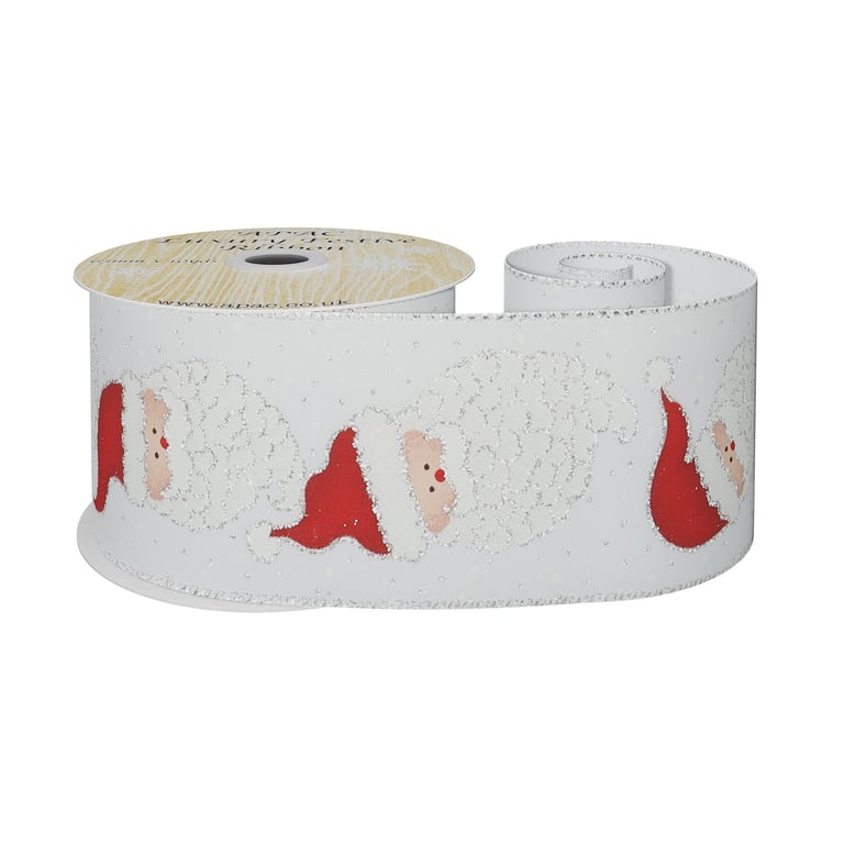 White Wired Ribbon with Santa Heads - 10 Yard Long Holiday Decoration Ribbon