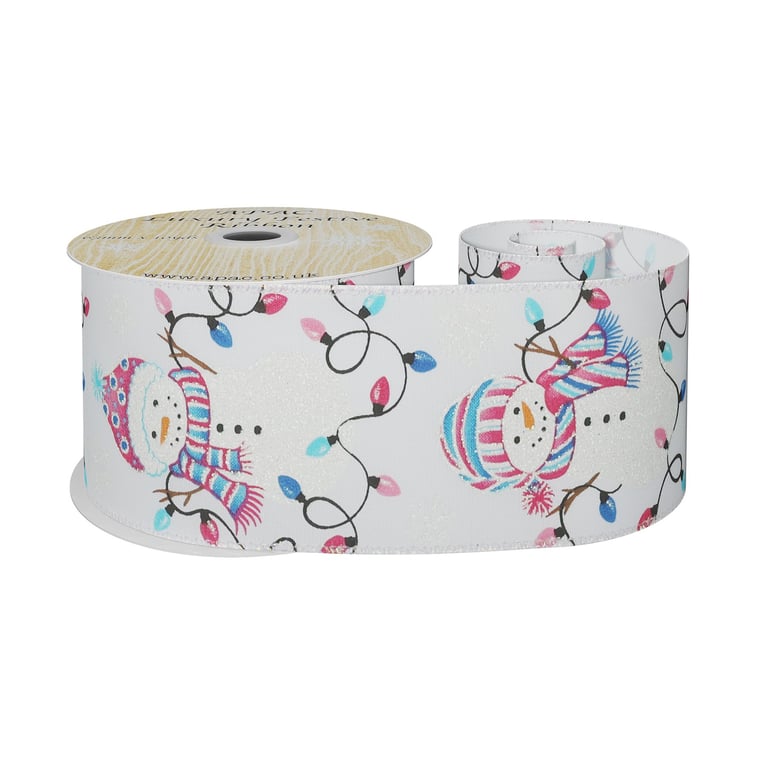 White Wired Ribbon with Snowman and Lights - 10 Yard Long Winter Home Decor Ornamentation