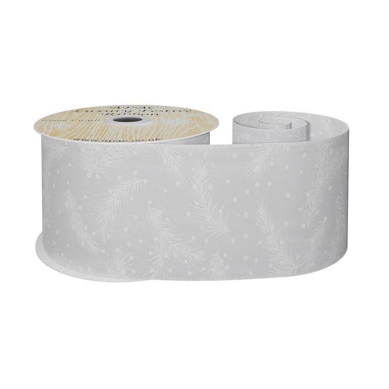 White Wired Organza Ribbon with Spruce Leaves - Wedding and Home Decor Ribbon