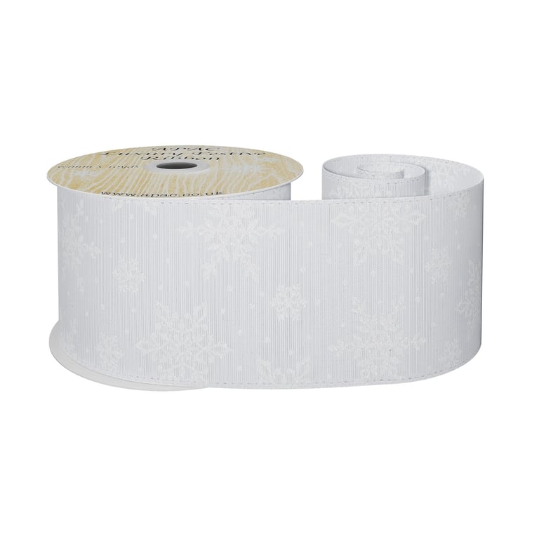 White Wired Ribbon with Glitter Snowflakes - Festive Winter Decorations & Craft Supply