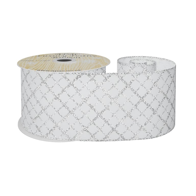 White Wired Ribbon with Silver Diamond Embellishments (10 Yards) - Ideal for Home Decor and Wedding Decoration