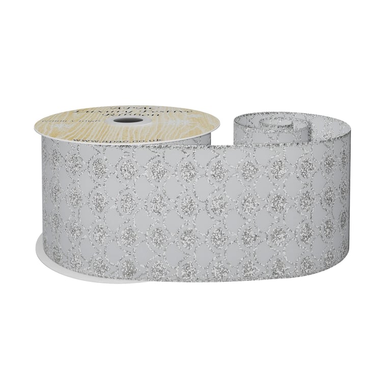 White Wired Ribbon with Scalloped Silver Detailing - 10 Yard Roll, Perfect for Home Decor and Crafting Projects