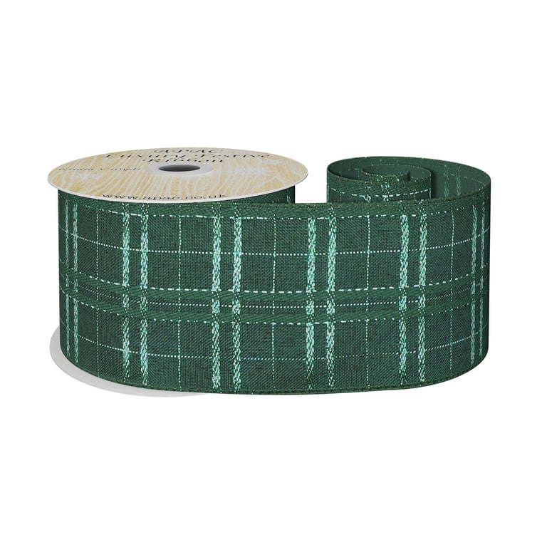 Green Wired Ribbon with Metallic Check Details - 63mm x 10 Yard Home Decor Supply