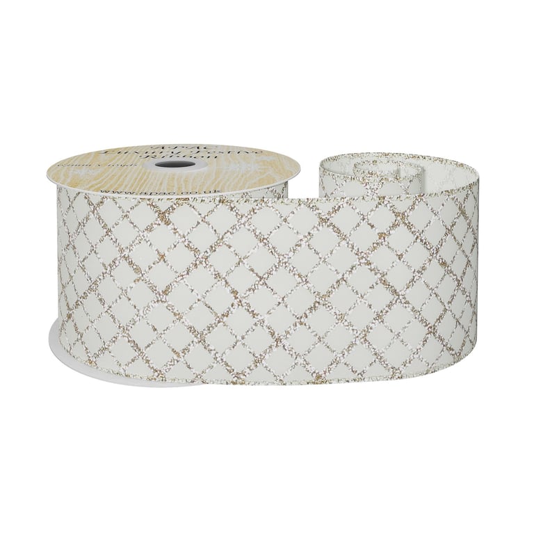 Cream Wired Ribbon with Gold Diamond Accent - 10 Yard Roll, Perfect for Home Decor and Wedding Floral Arrangements