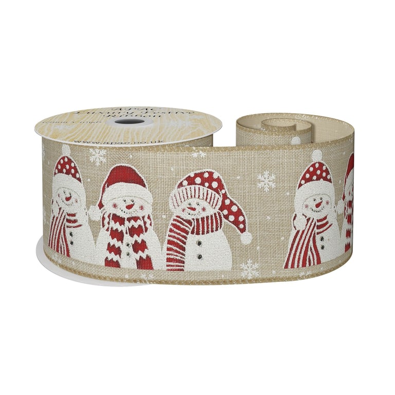 Natural Wired Ribbon with Red Snowman - 10 Yard Length, Perfect for Winter Holiday Decorations and Crafting Projects
