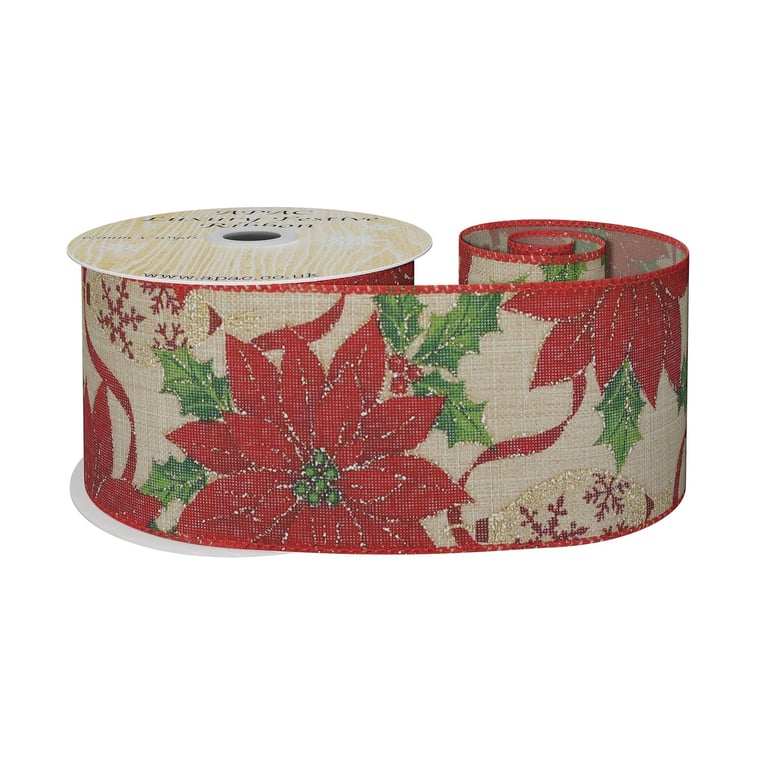 Natural Wired Ribbon with Red Poinsettia Floral Decoration (10 yards)