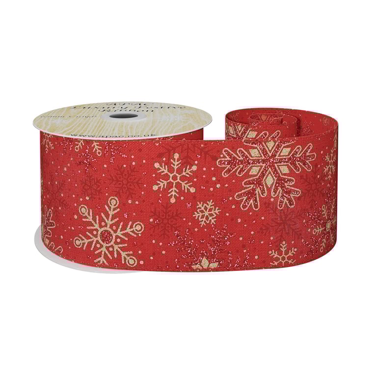 Red Wired Ribbon with Red and Gold Snowflakes - Home Decor Ribbon for Holiday Decorating