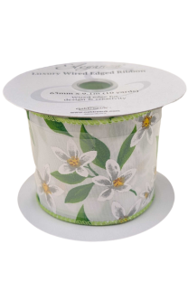 White Floral Harmony Wired Edge Hessian Ribbon 63mm - Luxurious Wired Edge Floral Home Decor Ribbon in White
