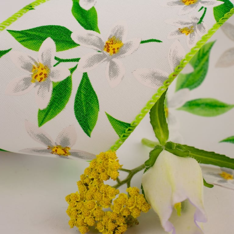 White Floral Harmony Wired Edge Hessian Ribbon 63mm - Luxurious Wired Edge Floral Home Decor Ribbon in White