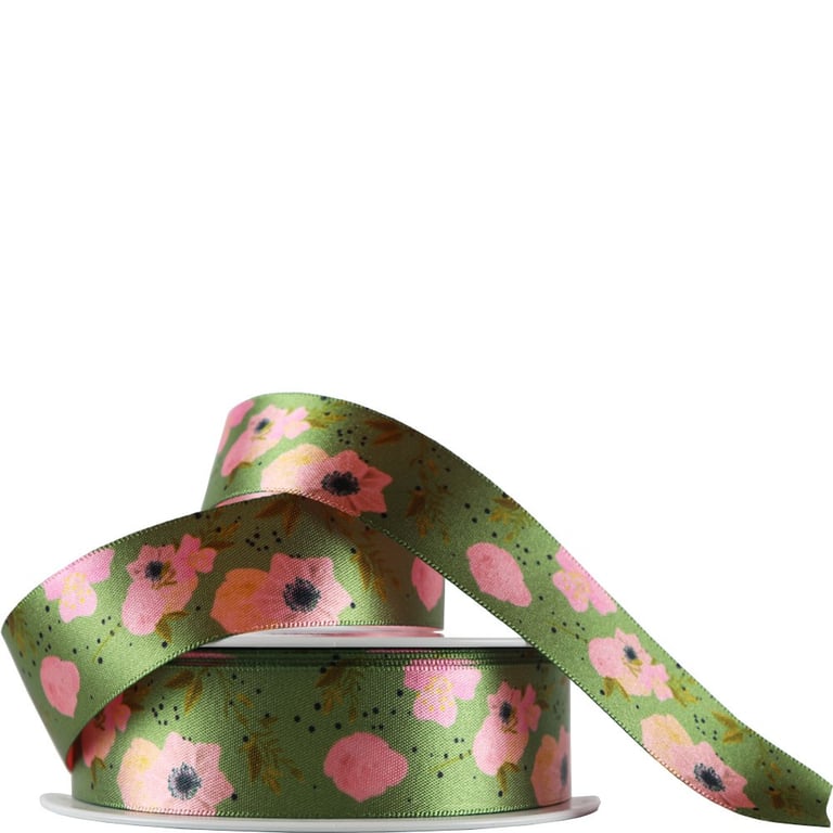 Green Recycled Floral Ribbon - Eco-Friendly Home Decor Ribbon for Gift Wrapping and Crafting