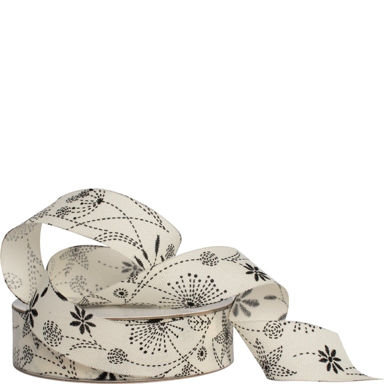 White Floral Energy Woven Ribbon 25mm - Decorative Home Accent Ribbon