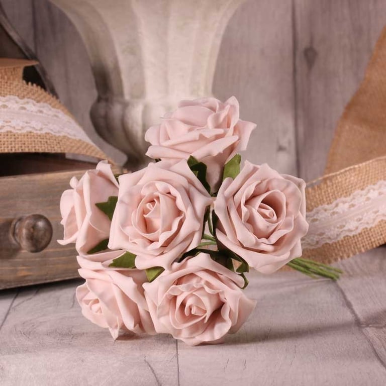 6 Light Pink Foam Tea Rose Bouquet - Artificial Floral Decorations for Home & Garden