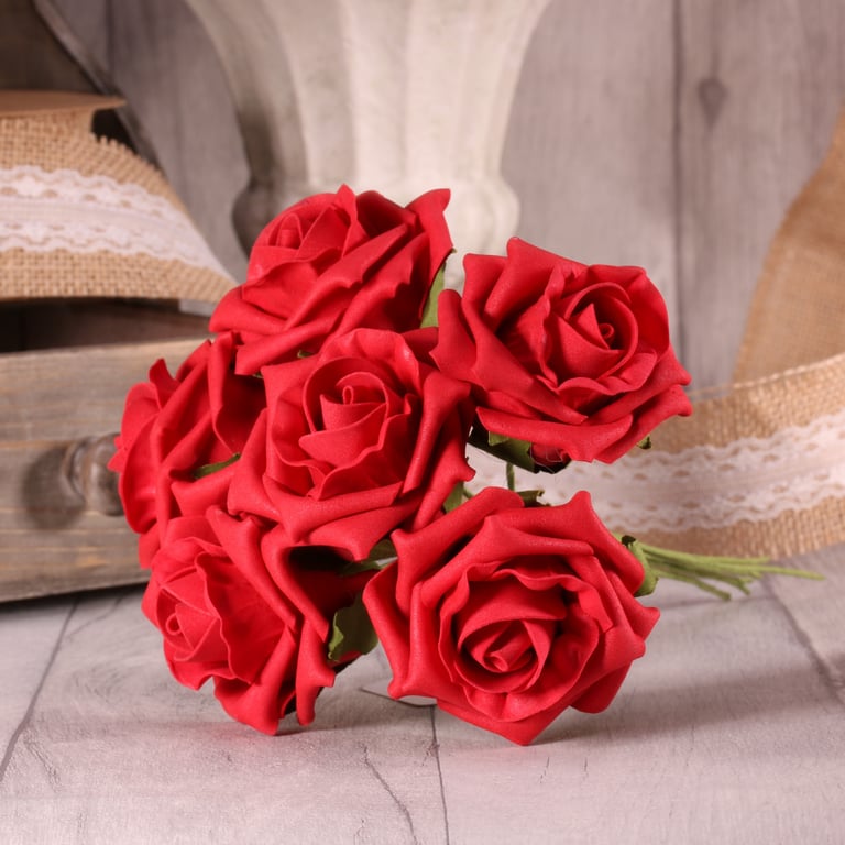 Red Foam Tea Roses - Set of 6 Decorative Wedding and Home Garden Flowers
