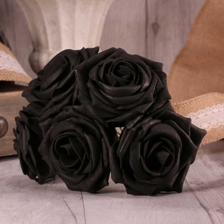 Black Tea Roses - 5 Piece Bunch of Foam Garden Flowers for Home Decor and Wedding Bouquets