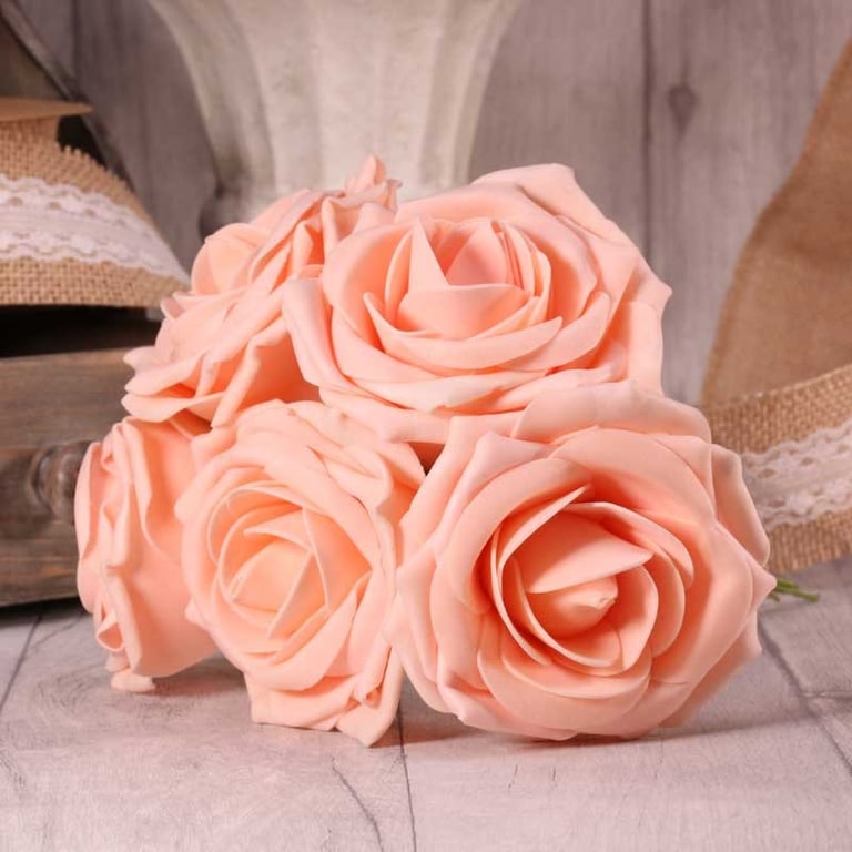 Soft Peach Foam Tea Rose Bouquet - 5 Piece Home Decor Floral Decoration Set