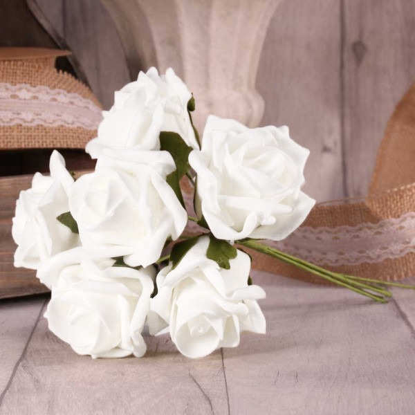 Bright White Foam Tea Rose Bouquet - 6 Piece Home Decor Floral Centerpiece