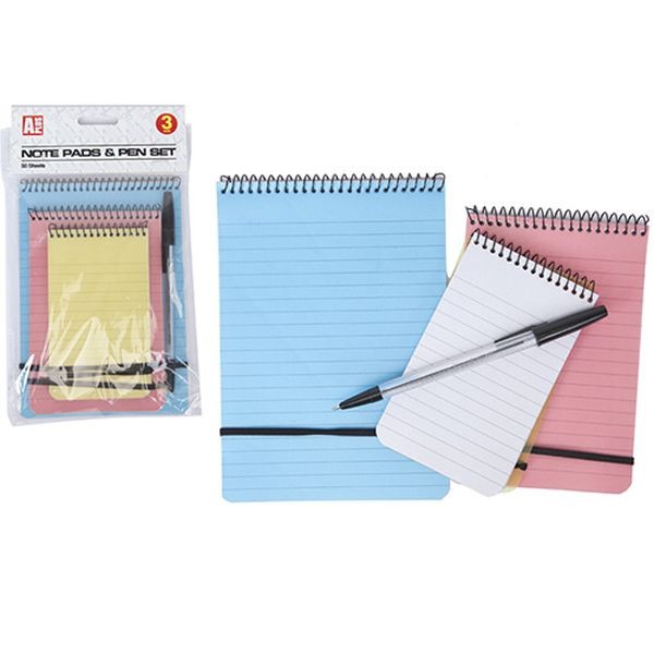 High Qtly 3pc PVC Cover Spiral Top Note Pads Set - 50 Sheet Each, High Quality, Pen Included