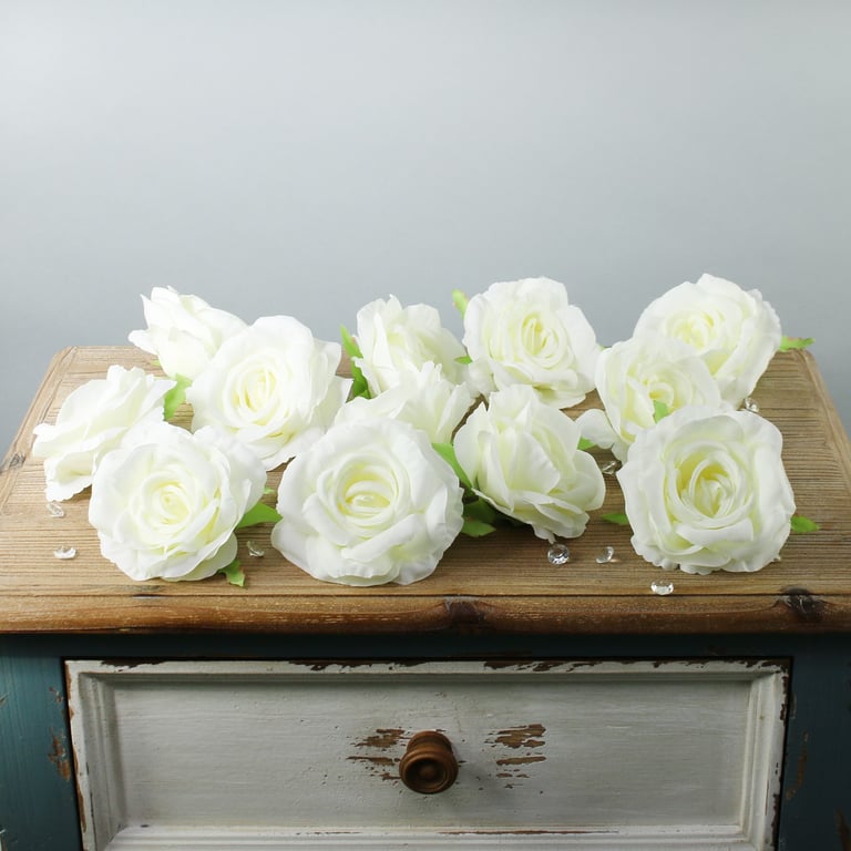 Artificial Arundel Rose Heads - Set of 12 Ivory Flowers for Home Decor and Garden Decoration