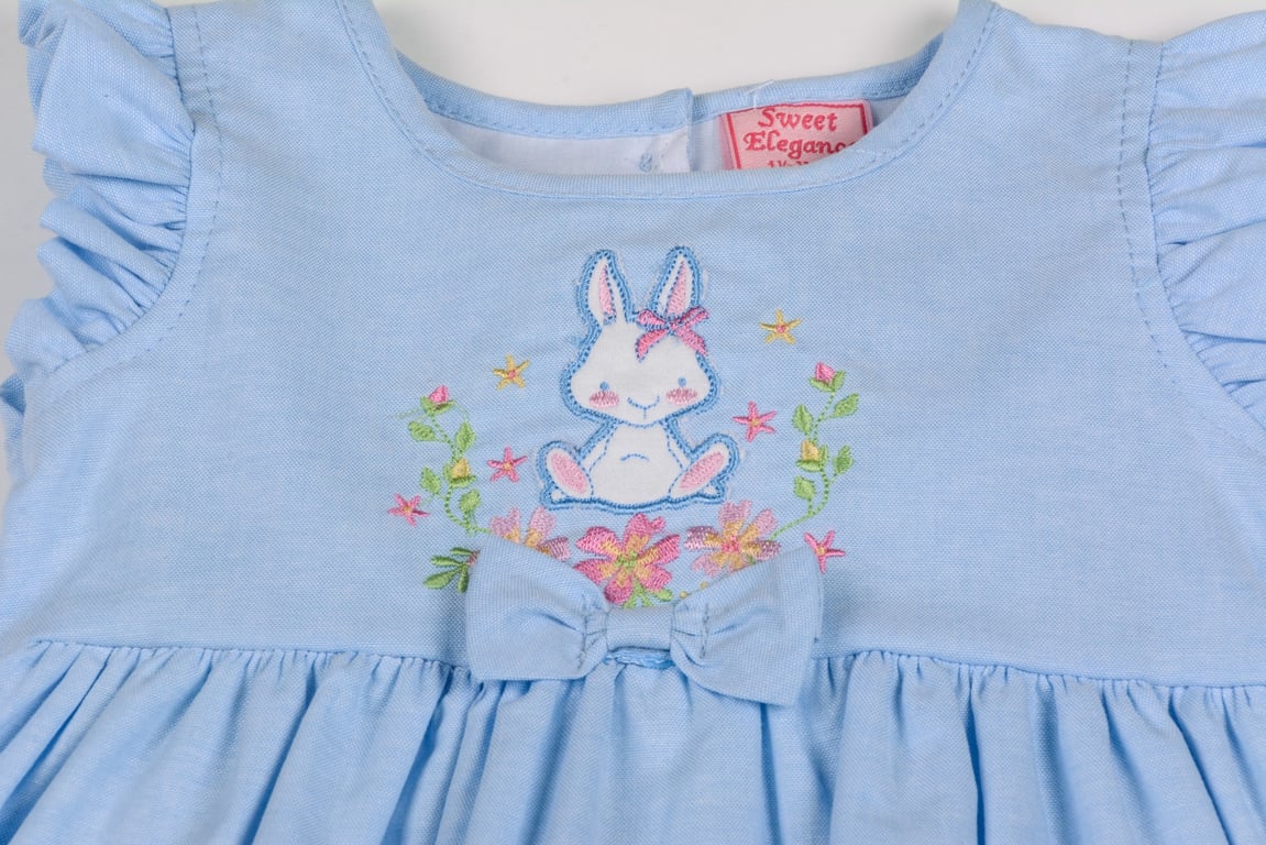 Sweet Elegance Chambray Lined Bunny Dress Set - 1-2 Years, Adorable Pant and Headband Included