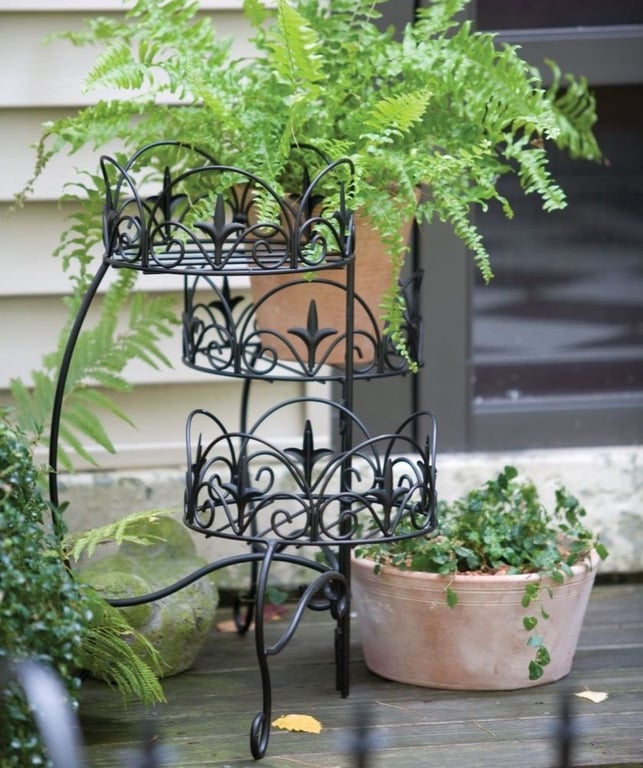3-Tier Folding Classic Finial Black Plant Stand for Home and Garden
