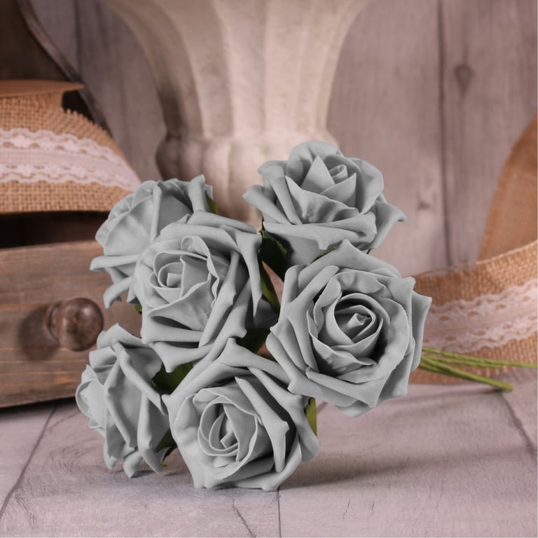 Grey Foam Tea Rose Bouquet - 6 Piece Floral Arrangement for Home Decor and Garden Decoration