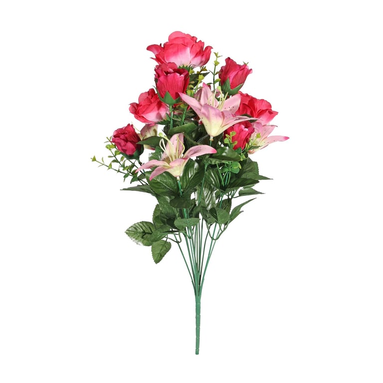 Cerise Pembroke Rose and Lily Mixed Flower Bunch - Home Decor Floral Arrangement