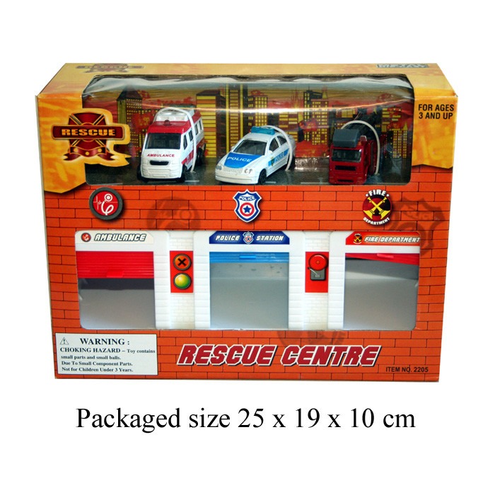 Multi-Car Rescue Station Home Safety Kit - Emergency Response Center with 3 Vehicles and First Aid Supplies