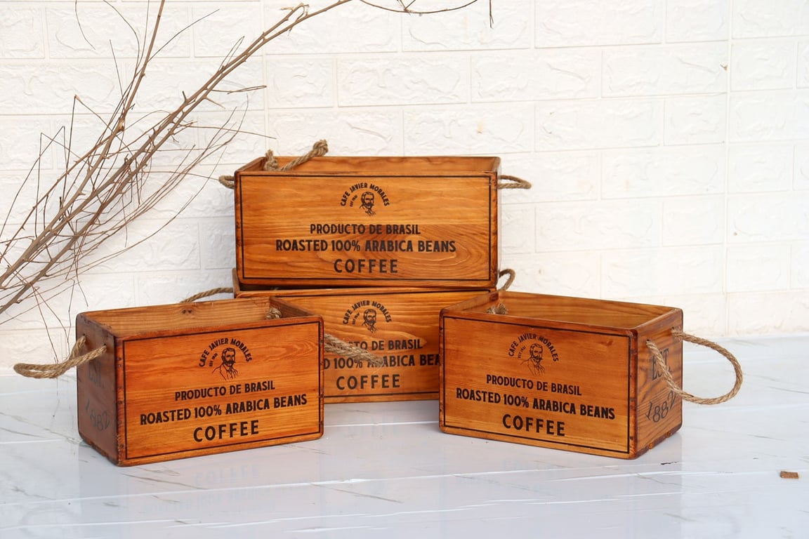 Rustic Coffee Crate Storage Set - 4-Piece Rope Basket Organizer for Home and Kitchen Organization