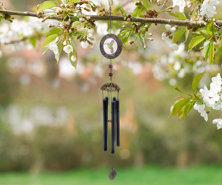 Glass Hummingbird Wind Chime - Black Finish Home Decor Outdoor Ornament 81cm