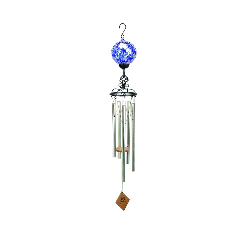 Solar Light Wind Chime with Blue Glass - 102cm Outdoor Home Decor, Solar Powered Garden Chimes for Patio or Yard.