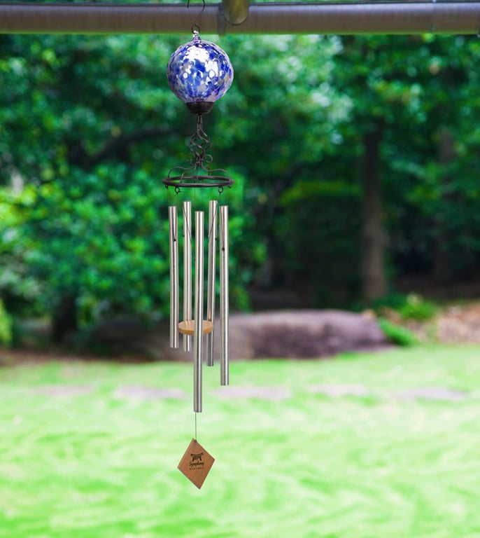 Solar Light Wind Chime with Blue Glass - 102cm Outdoor Home Decor, Solar Powered Garden Chimes for Patio or Yard.