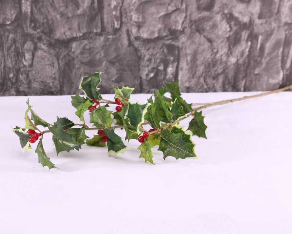 63cm Mixed Green Holly Spray - Festive Holiday Decorations and Christmas Greenery Branch
